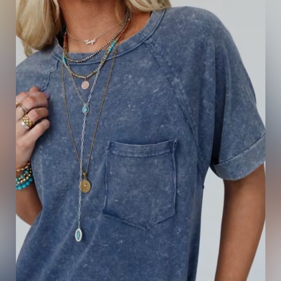 Very J Mineral Washed Navy Blue Pocket Tee T-Shirt Mini Dress Size Large - Picture 3 of 7